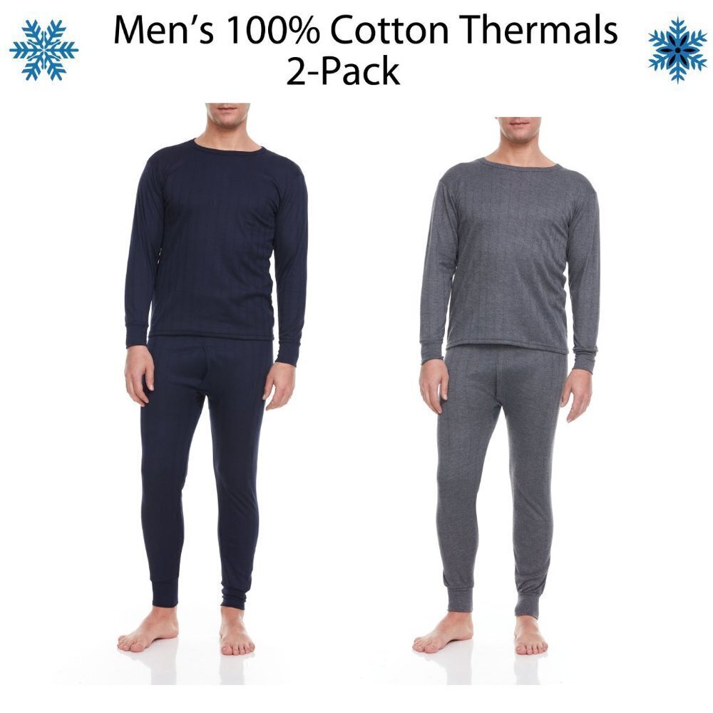 Men Baselayer Thermals Fleece Long Johns Warm Winter 100% Cotton Set 2-PAIRS